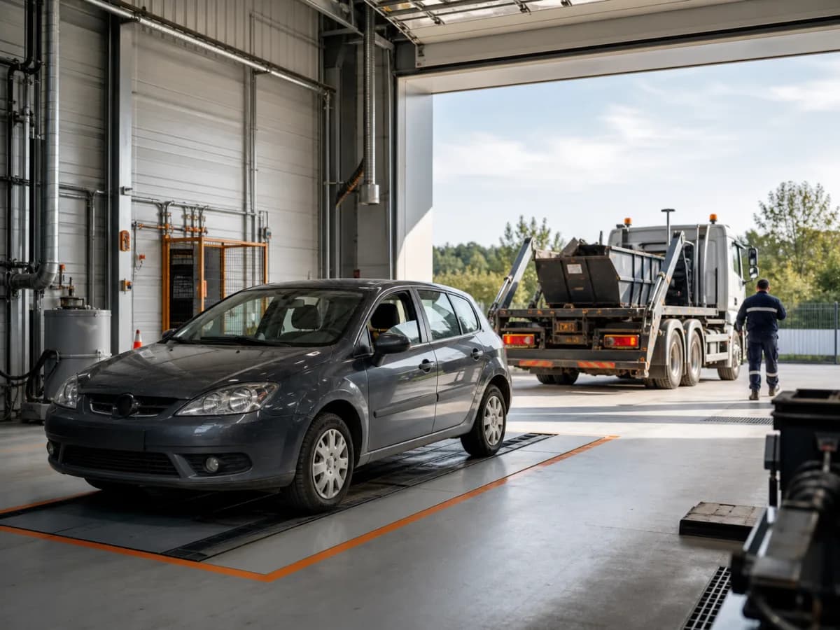 Véhicule pris en charge dans une installation professionnelle de traitement VHU