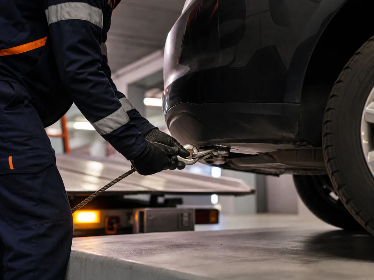 Opérateur fixant un câble de treuillage sur une voiture immobilisée en parking
